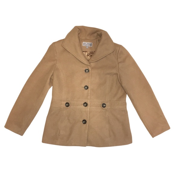 Tan Peacoat, JM Collection, Winter Lightweight Pea Coat, Classy, Caramel, Medium - Picture 8 of 12
